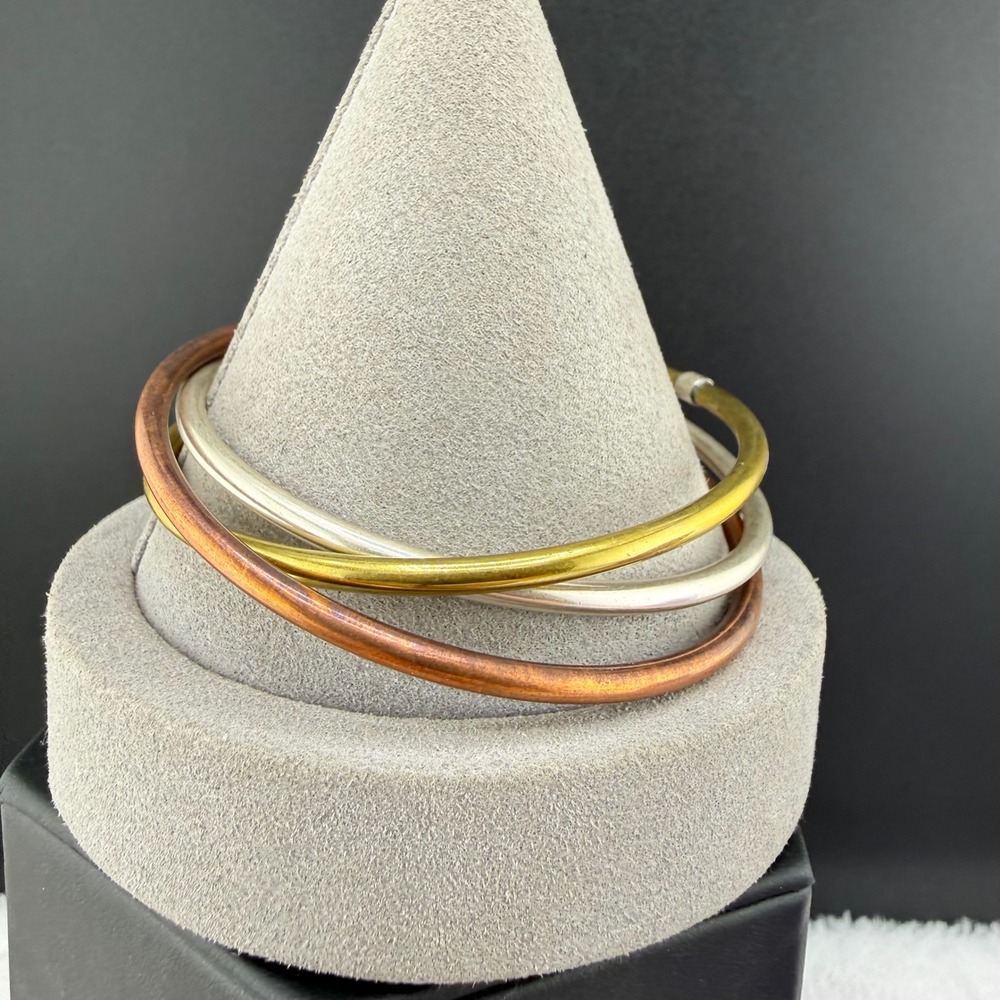 Vintage Trinity Bangle Bracelet Tri-Color Mixed Metal Stackable 8"